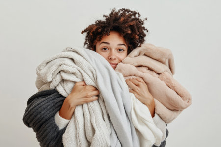 Warm Winter Comfort: Woman Holding Soft Cozy Blankets for Ultimate Home Relaxationの素材