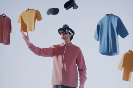 3D Cartoon Man Using VR Glasses to Interact with Floating Clothing Items - Virtual Reality Concept for Fashion Designの素材
