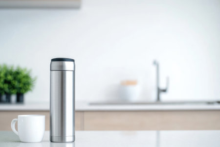 Sleek Silver Thermos and White Cup on Minimalistic Kitchen Counter - Modern Design for Home Decor and Lifestyleの素材