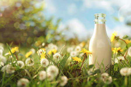 Spring Meadow Scene with Fresh Milk Bottle - Perfect for Nature Designs and Organic Product Promotionsの素材