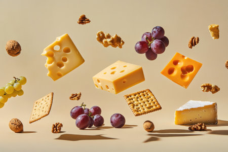 Floating Cheese, Grapes, Walnuts and Crackers Arrangement - Food Photography for Print, Card, Poster or Backgroundの素材