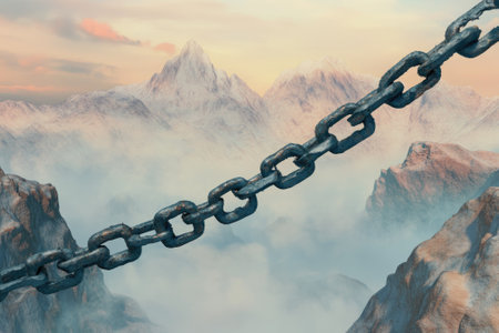 Rusty Broken Chain Over Mountain Range at Sunrise - Symbol of Strength and Breakthrough in Nature Sceneの素材