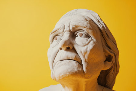 Detailed 3D Plasticine Style Portrait of an Elderly Woman Against a Vibrant Yellow Backgroundの素材