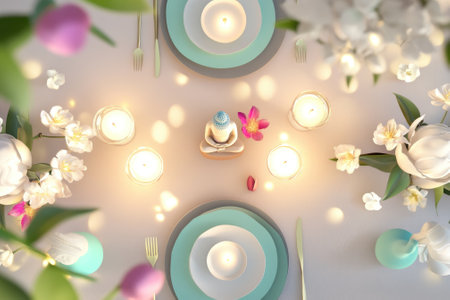 Elegant Dinner Table Setting with Candles and Floral Decoration for a Special Occasionの素材