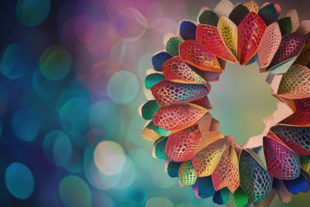 Christmas Wreath with Scandinavian Design in Vibrant Colors Against Bokeh Background for Holiday Decor and Printsの素材