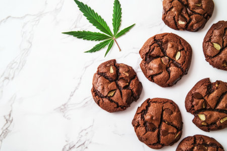 Close-Up of Cannabis-Infused Chocolate Cookies on Marble Background - Perfect for Edible Recipes and Culinary Designの素材