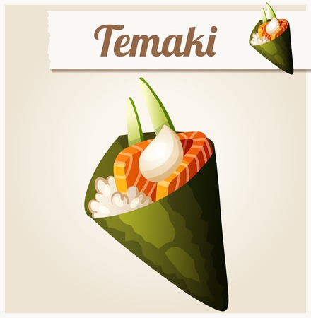 Temakii sushi. Detailed Vector Icon. Series of food and drink and ingredients for cooking.のイラスト素材