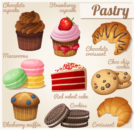 Set of food icons. Pastry. Strawberry  and chocolate cupcakes, chocolate croissant, macaroons, red velvet cake, choc chip cookie, blueberry muffin.