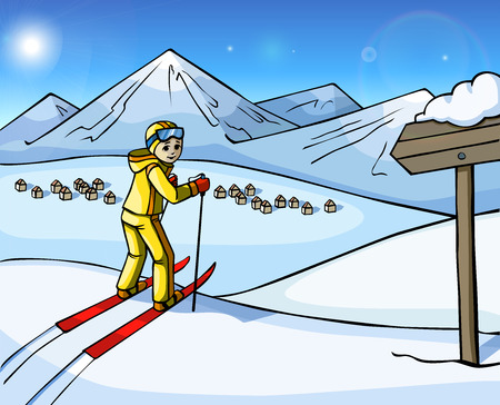 Cheerful skier stand on a snowy mountainのイラスト素材