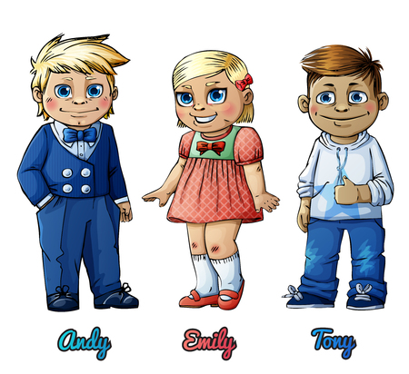 Cute children: little girl and boys. Cartoon vector illustration.のイラスト素材