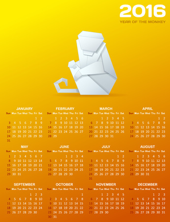 Calendar for 2016 with a paper monkey. White origami monkey and white calendar grid on orange backgroundのイラスト素材
