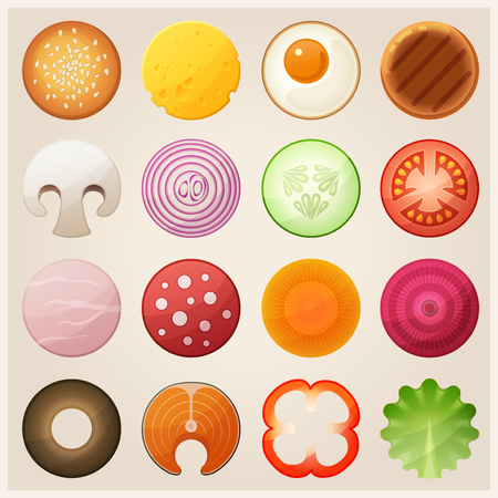 Set of food. Bun, fried egg cutlet, slices of cheese champignon, onion cucumber, tomato ham sausage carrot, beet olive, salmon, red pepper lettuce. iconsのイラスト素材
