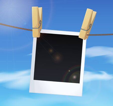 Photoframe on blue sky background and clothes pins. illustration.のイラスト素材