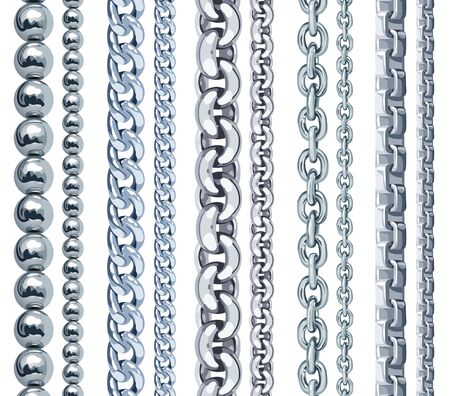 Set of realistic vector silver chains. Vector illustration of steel links isolated on white backgroundのイラスト素材