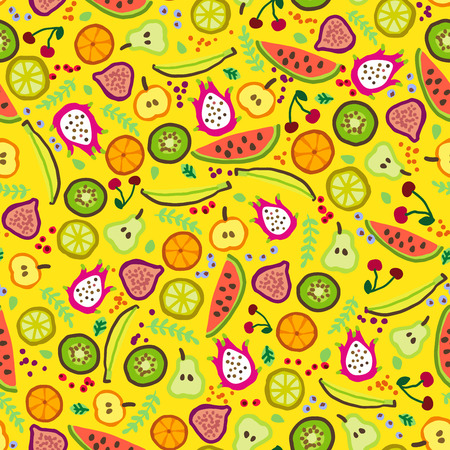 Cartoon fruit illustration. Yellow seamless backgroundのイラスト素材