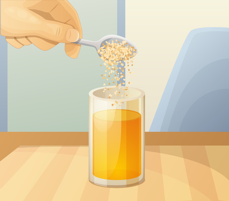 Orange juice glass and spoon with powder. Cartoon vector illustrationのイラスト素材