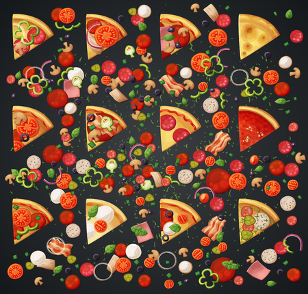 Various pizza top view slices and ingredients. Cartoon vector illustrationのイラスト素材