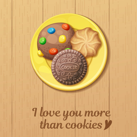 Yellow plate with three round cookies top view: monster, chocolate, butter cookie. Cartoon vector illustration. Food sweet icons. I love you more than cookies quoteのイラスト素材