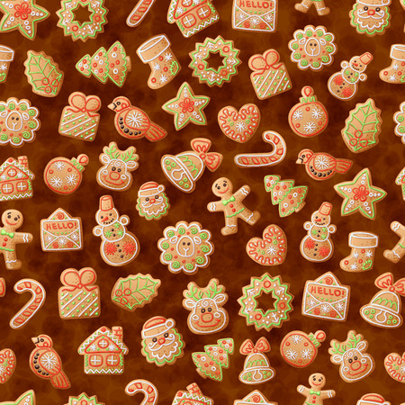 Christmas gingerbread cookie seamless pattern. Sweet food cartoon vector illustrationのイラスト素材