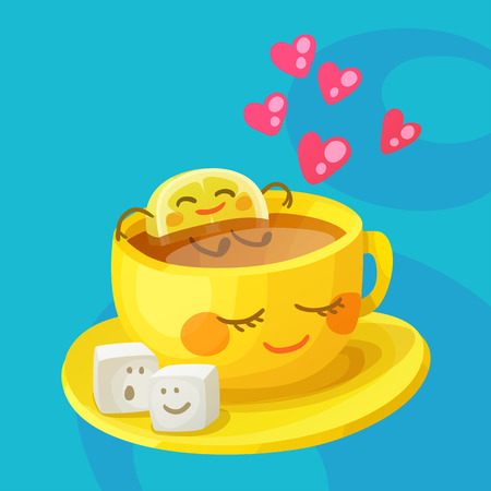 Funny food characters a cup of tea, lemon slice and sugar cubes in love. Cheerful emoji cartoon vector illustrationのイラスト素材