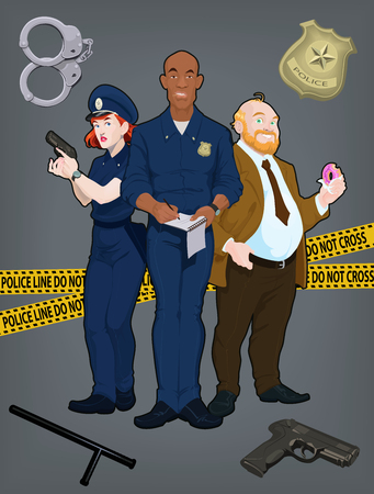 Team of policemen. Three police officers characters. Cartoon vector illustrationのイラスト素材