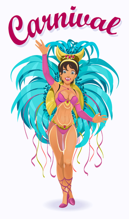 Cartoon amazing brazil carnival girl in vivid colorful costume with feathers. Vector illustrationのイラスト素材