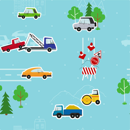 Cartoon seamless vector pattern with cars, traffic signs, wreckerのイラスト素材
