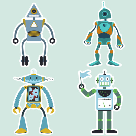 Cartoon robots set, simple funny cyborgs illustration for kids.のイラスト素材