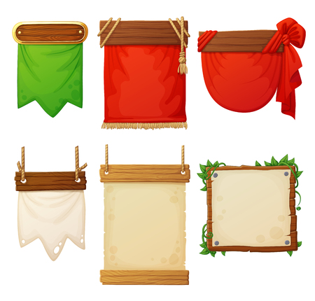 Set of wooden banners with decorative cloth flags and paper posters. Cartoon vector illustrationのイラスト素材