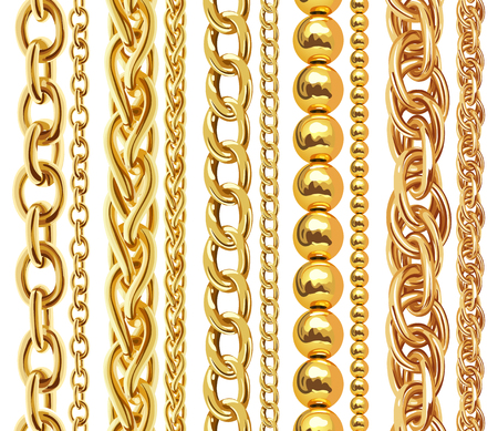 Set of realistic vector golden chains. Vector illustration of gold links isolated on white backgroundのイラスト素材