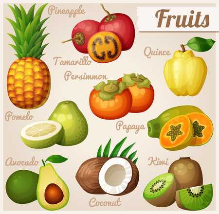 Set of cartoon food icons. Exotic fruits. Pineapple (ananas), tamarillo, quince, persimmonのイラスト素材