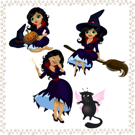 Pretty cartoon witch with imp isolated on white backgroundのイラスト素材