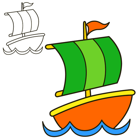 Sailing vessel. Coloring book page. Cartoon vector illustrationのイラスト素材