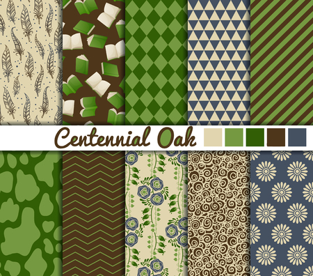 Set of 10 simple seamless patterns. Centennial Oak color palette.のイラスト素材