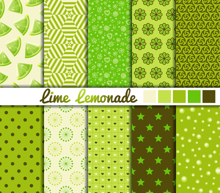 Set of 10 simple seamless patterns. Lime Lemonade color palette.のイラスト素材