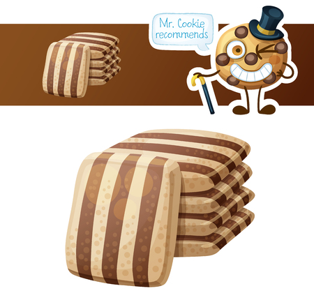 Striped chocolate cookies and cute funny cookie character. Cartoon vector illustration isolated on white background. Series of food and drink and ingredients for cooking.のイラスト素材