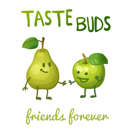 Green apple and pear with leaf characters. Cartoon vector illustration. Cute print Taste budsのイラスト素材