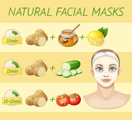 Natural facial masks. Cartoon vector illustration of young woman appling homemade mask for face made of food product.のイラスト素材