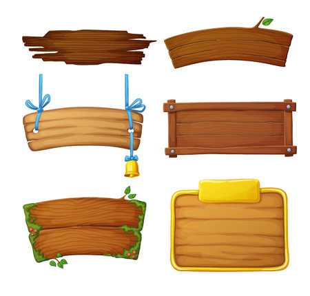 Set of wooden banners with decorative elements. Game dark and light sign boards isolated on white background. Cartoon vector illustrationのイラスト素材