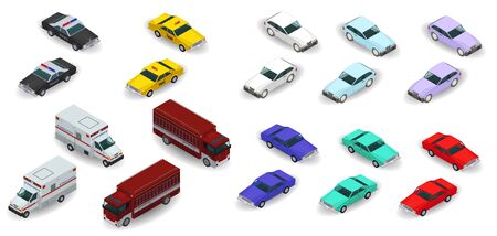 3d isometric police, taxi, ambulance, fire truck, urban car icons. Vector illustration isolated on...