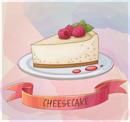 Cheesecake with raspberry icon. Cartoon vector illustration. Pastel series of berry desserts collectionのイラスト素材