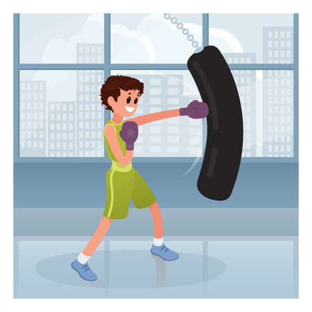 Cute boy boxing in cartoon style on blue gym background. Sport kid character vector illustrationのイラスト素材