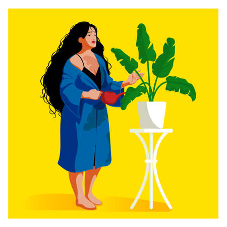 Woman in dressing gown with home plant on vivid yellow background stylish illustrationのイラスト素材