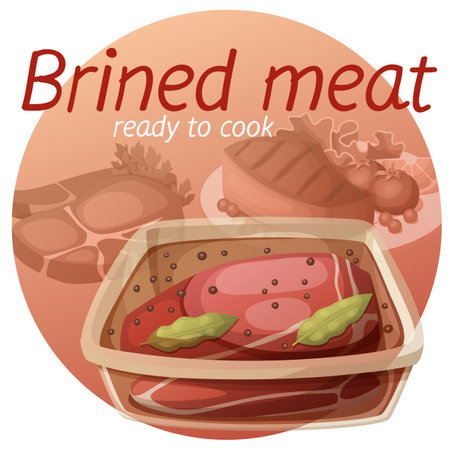 Brined meat for barbecue icon with fresh meat and cooked beef on the background. Cartoon vector illustration. Series of food and drink and ingredients for cookingのイラスト素材