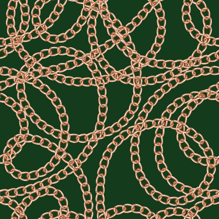 Gold metal chains on dark green background. Vintage seamless jewelry vector pattern