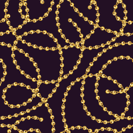 Golden chains on dark brown background. Seamless jewelry vector patternのイラスト素材