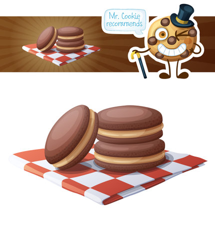 Chocolate peanut butter shortbread sandwiches illustration. Cartoon vector food icon isolated on white background. Funny cookie characterのイラスト素材