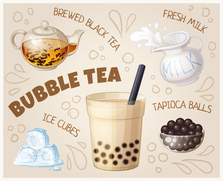 Bubble tea glass and food ingredients cartoon illustration. Vector icon of boba tea drink, tapioca balls, brewed black tea, ice cubes and fresh milk designのイラスト素材