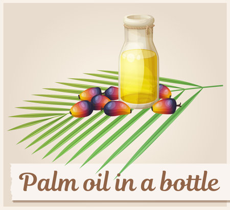Cartoon palm oil bottle illustration with red fruits and leaf on beige background. Healthy organic vegetarian product food iconのイラスト素材