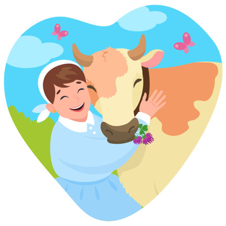 Heart shaped cartoon vector illustration of a milkmaid hugging a cowのイラスト素材